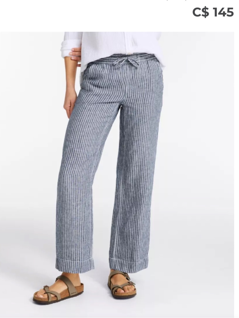 LL BEAN Washable Linen WideLeg Striped Pants Blue White Sz 22W Coastal Lagenlook